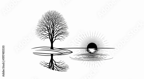 Bare tree and sun reflecting on water