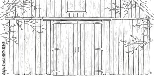 Barn with double doors and a small window, surrounded by branches