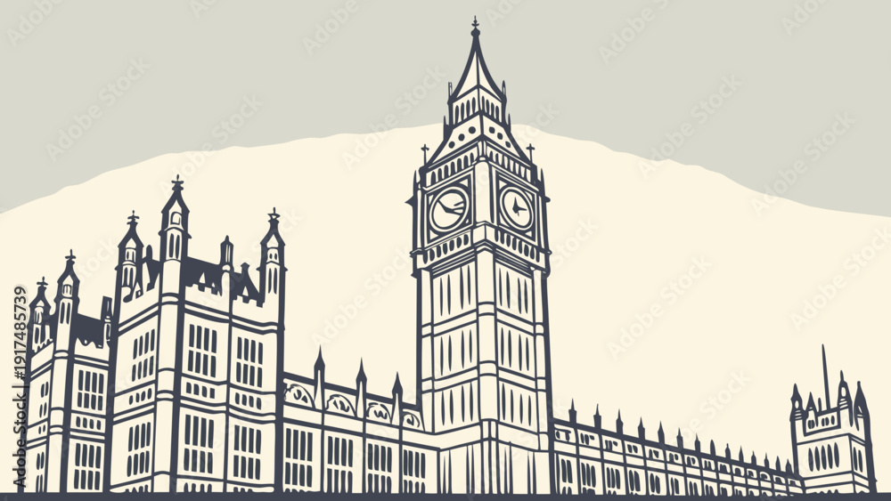 Fototapeta premium Iconic clock tower and grand building facade in a classic line drawing style.