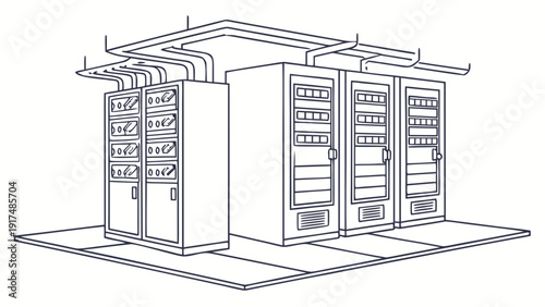 Clean server room with rows of data racks and overhead wiring