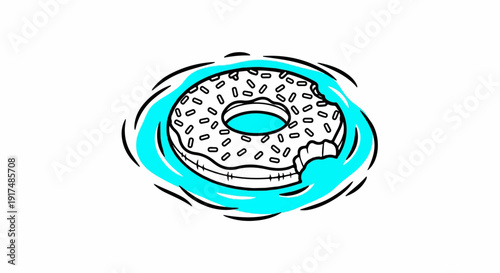 Bitten sweet doughnut with colorful sprinkles and abstract swirling background