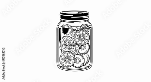 Black and white illustration of a glass jar filled with fruit slices and berries
