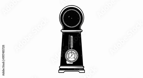Black and white illustration of a grandfather clock with a pendulum