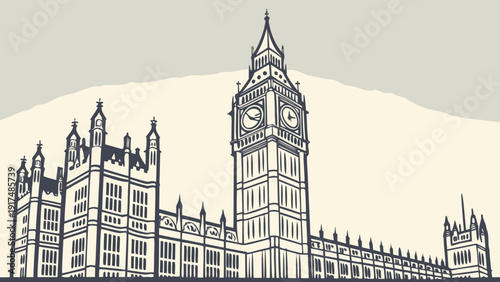 Iconic clock tower and grand building facade in a classic line drawing style.