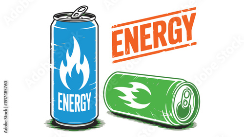 Two energy drink cans with flames and the word ENERGY are shown.