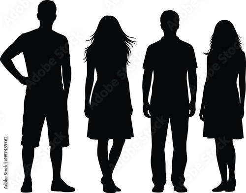 Men and women silhouette standing together, casual people seen from back view, anonymous human figures isolated on white background