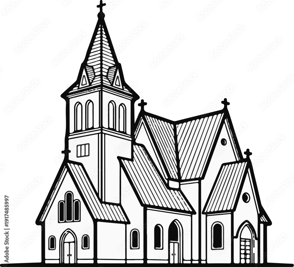 Fototapeta premium Black and white illustration of a large church with a prominent steeple