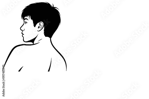 Black and white illustration of a young man's profile, turned away