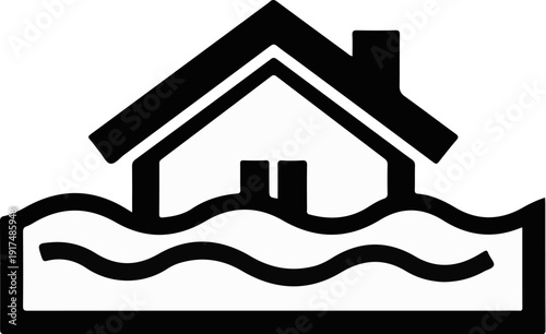 Black and white icon of a house submerged in water waves