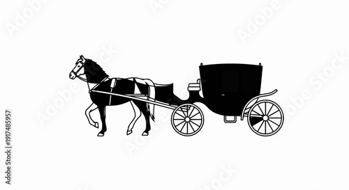Black and white illustration of a horse pulling a carriage