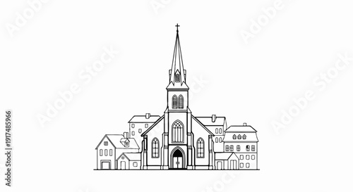 Black and white drawing of a church with a steeple and surrounding buildings