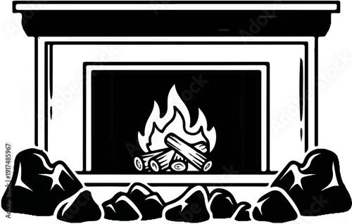 Black and white drawing of a fireplace with burning logs and rocks