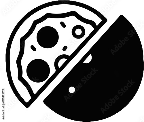Black and white icon of a pizza cut in half with toppings