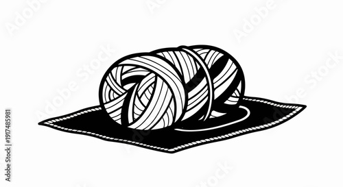 Black and white illustration of a ball of yarn on a small woven mat