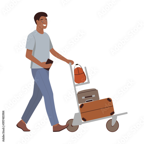 Smiling Man Pushing Luggage Cart Vector Illustration