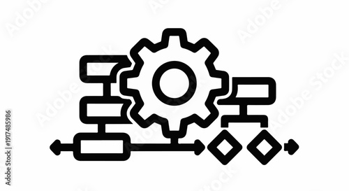 Black and white icon showing a gear and flowchart elements representing process