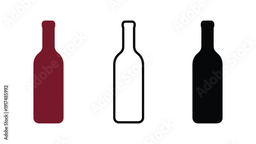 Wine bottle vector icons in red, black, and white colors