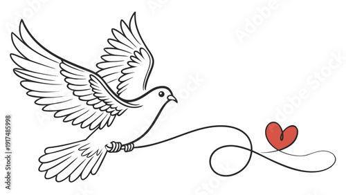 Dove carrying a heart with a ribbon, symbolizing love and peace