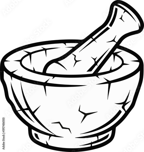 Black and white illustration of a mortar and pestle with rough texture