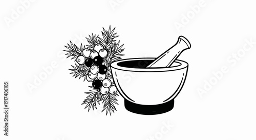 Black and white illustration of a mortar and pestle with juniper berries