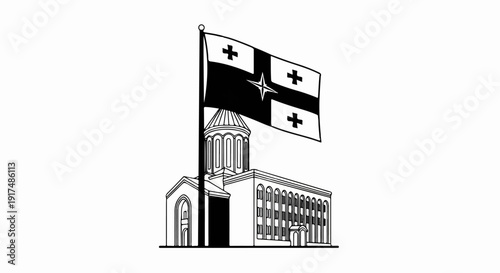 Black and white illustration of a building with a flag