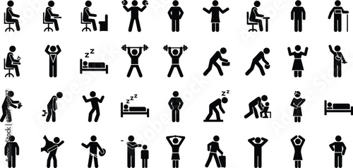 People daily activity icons set, human pictograms showing work, exercise, sleep and lifestyle actions isolated on white background