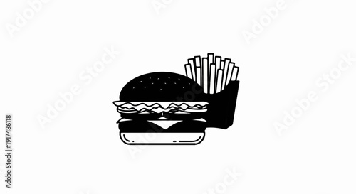 Black and white illustration of a burger and fries