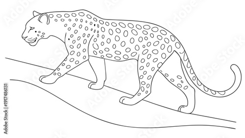 Elegant leopard walking gracefully on a tree branch, depicted in a clean line art style.