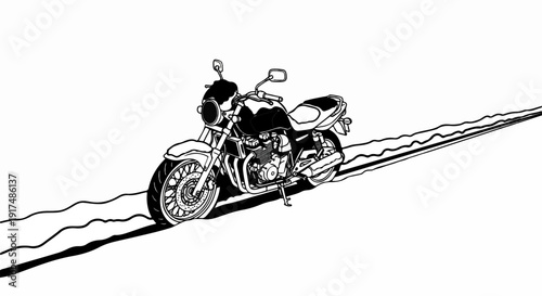 Black and white illustration of a motorcycle on a road with wavy lines