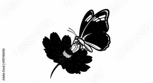 Black and white illustration of a butterfly on a dark flower