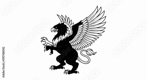 Black and white illustration of a mythical griffin with outstretched wings and sharp claws
