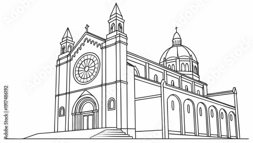 Elegant architectural illustration of a grand cathedral with a dome and towers