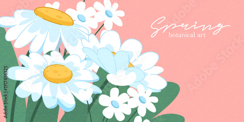 Spring flowers. Macro white, yellow buds. 8 March, women's day, Easter, mother's day holiday card. Bright colorful botanical horizontal background, pattern. Cartoon flat style
