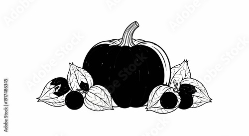 Black and white illustration of a plump pumpkin surrounded by leaves and berries