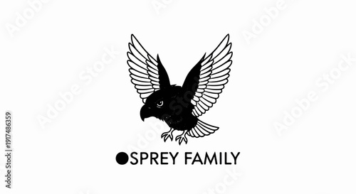 Black and white illustration of an osprey with wings spread, with text below