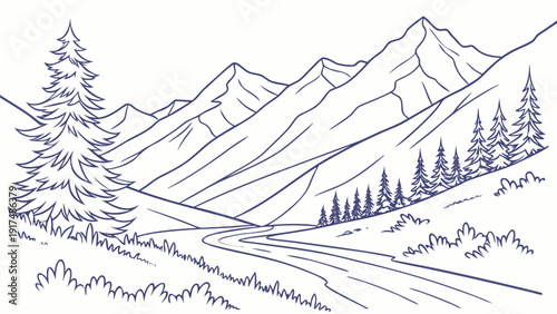 Serene mountain valley with winding river and evergreen trees, a peaceful natural landscape.