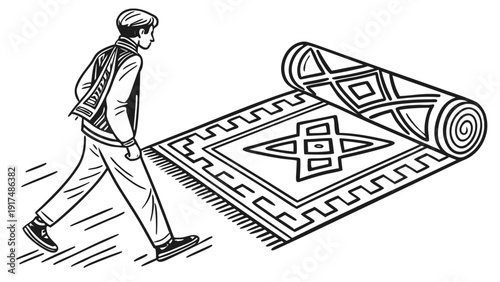 Young man walking alongside a magically unfolding patterned rug, conveying a sense of wonder and journey.