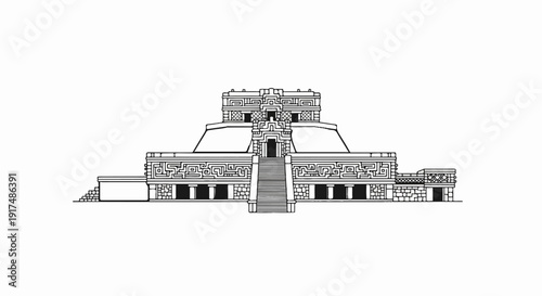 Black and white illustration of ancient stone building with stairs and intricate carvings