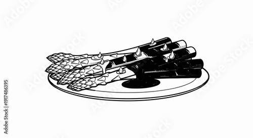 Black and white illustration of asparagus spears on a plate with dark sauce