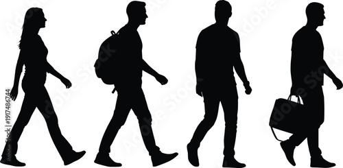 People walking silhouette set with bags and backpacks, men and women in motion, travel and urban lifestyle concept isolated on white background