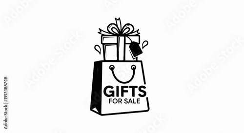 Black and white illustration of gift bag filled with boxes and tag