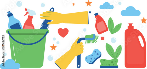 Home cleaning illustration with detergent spray bottle sponge brush gloves and bucket colorful flat vector design for housekeeping hygiene and household service concepts
