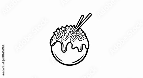 Black and white outline of a round food item topped with sauce and cubes, with chopsticks