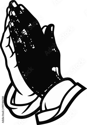 Black and white illustration of hands in prayer