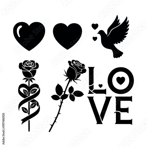 Black silhouette graphic design featuring hearts dove roses and 'love' text on white background silhouette