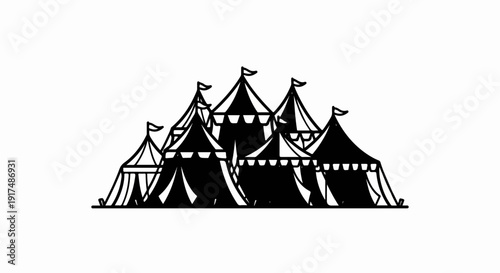 Black and white illustration of a cluster of circus tents