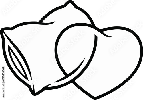 Black and white outline of two hearts intertwined, one slightly above the other