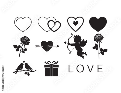 Black silhouette icons of love symbols and objects including hearts flowers cupid birds gift and silhouette