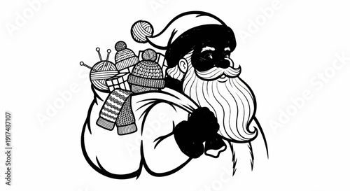 Black and white illustration of Santa Claus carrying a bag filled with knitted items