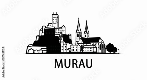 Black and white silhouette of a European town skyline with a castle and churches